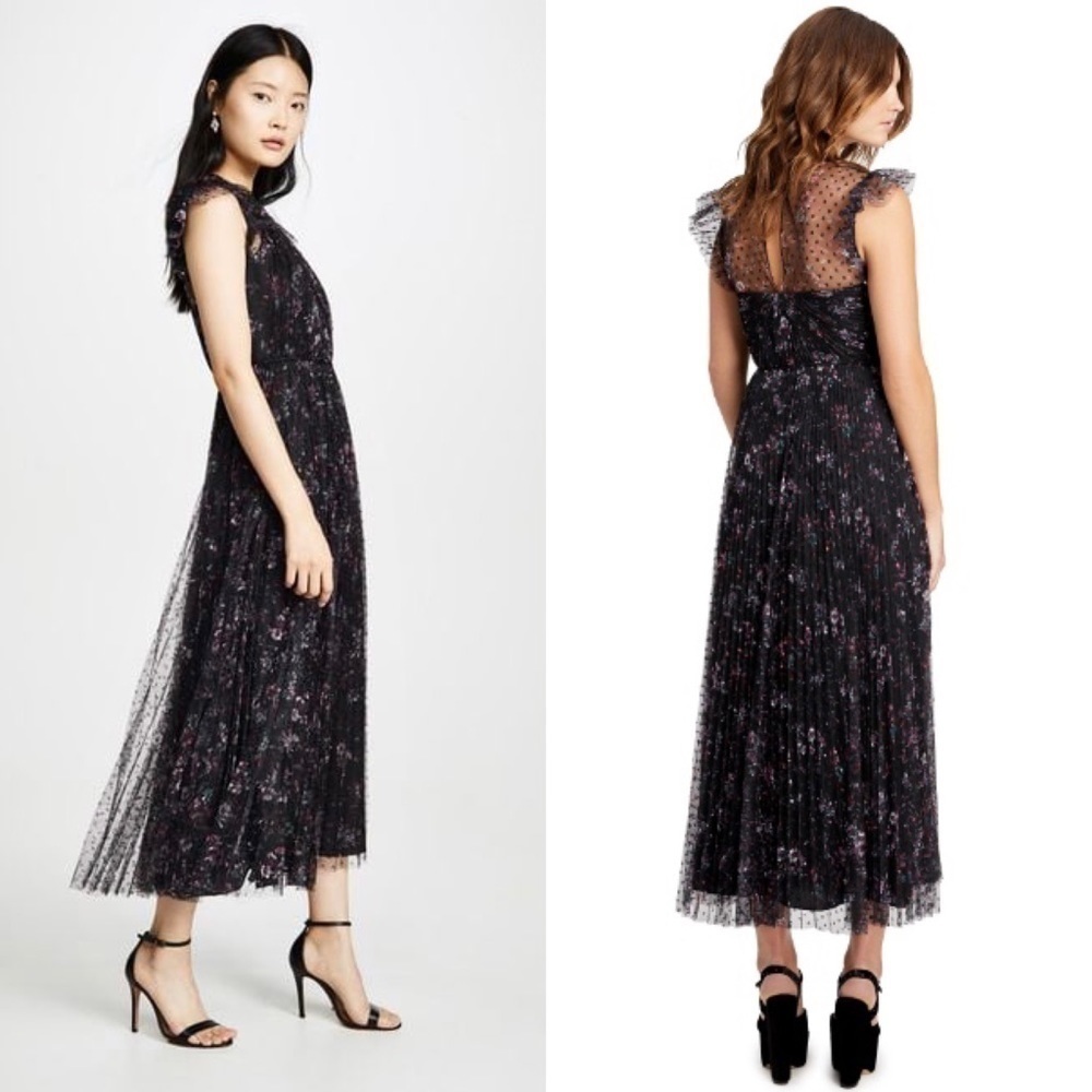 JILL STUART Floral‎ Tulle Sheer Dot Ruffle Flutter Sleeve Pleated Maxi Gown 0 - Picture 8 of 15